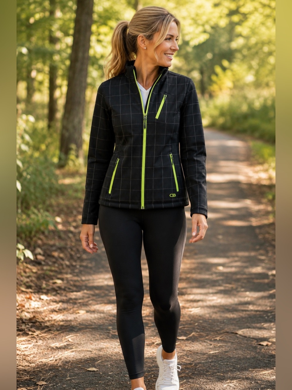 CB Sport Softshell Jacket Women’s M Black Plaid Lime Zip Performance Hiking